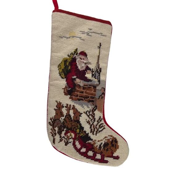 Vintage Needlepoint & Velvet Stockings Christmas Scene Santa Sleigh Stocking - Picture 1 of 7